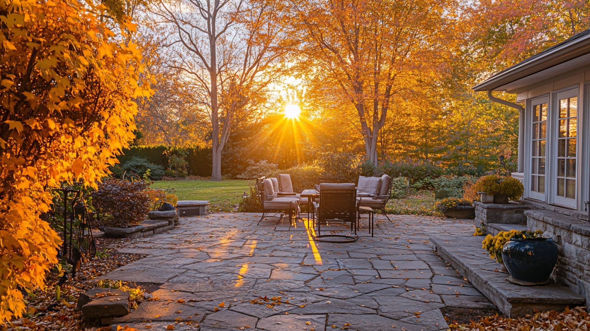 Autumn sunset through golden trees over a flagstone patio with garden seating